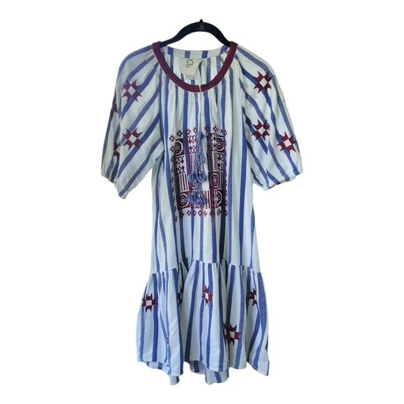 Figue Bria Cotton Tassel Boho Mini Dress Sz S Blue White Burgundy - Picture 7 of 16